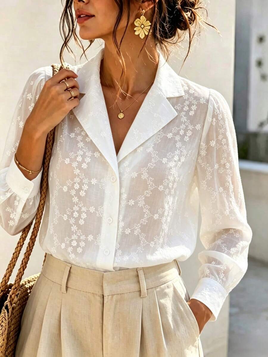 Women's Elegant White Embroidered Front Button Semi-Sheer Blouse, Long Regular Sleeves, Shirt Collar, Suitable For Spring And Autumn