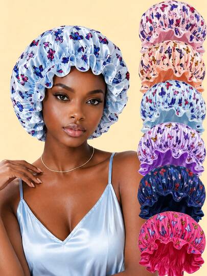 Butterfly Print Satin Sleep Hair Bonnet With Ruffled Edge,Elastic Wide Band Silk Night Cap,Hair Protection Wrap For Curly Natural Hair,Back To School