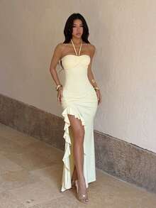 Halter Neck Ruffle Hem Slit Dress Sexy Elegant Summer Dresses For Women - Yellow - View 3