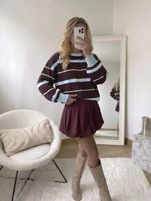Women's Blue Colorblock Crew Neck Long Sleeve Sweater Set, Autumn/Winter, Skin-Friendly, Slouchy, Casual Daily Wear - Brown - View 9