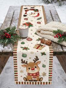 Christmas Cartoon Long Table Runner, Playful Cartoon Style, Santa Claus & Reindeer, Cream Background With Gift Box, Colorful Ball & Snowflake Print, Long Tablecloth Decoration For Living Room Coffee Table, Holiday Gathering And Winter Party Decor - Multicolor - View 10
