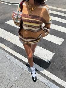 女款優雅時尚甜美軟暖度假約會通勤拼色毛絨寬鬆針織毛衣，秋冬款 - 棕色 - 查看 6