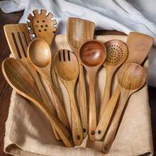 10pcs Wooden Kitchen Utensils Kit,Smooth Finish Teak Wooden Kitchen Utensils Set,Non-Stick, Lightweight Kitchen Supplies Baking Accessories For Cooking - Maroon - View 1