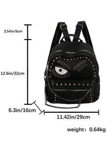 Punk Denim Backpack With Eye Print And Studded Chain Decor Casual Fashion Daypack For Streetwear Enthusiasts Daily Use(Without Iron Chains) - Black - View 8
