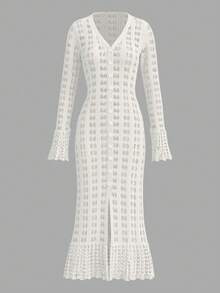 Women's Solid Color Hollow Out Single-Breasted Elegant Knit Long Sleeve Dress - White - View 9