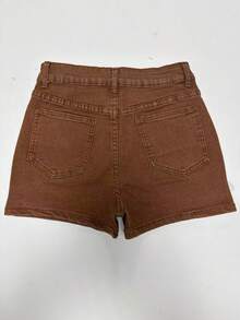 Women's Fashionable Brown Denim Shorts, Casual Button Detail Straight Leg Denim Shorts, Medium Stretch, Suitable For Daily Wear Summer, Effortless Style - Brown - View 7