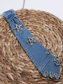 1pc Metal Star Chain Denim Vintage Washed Shirt Decoration Accessory Women's Tie - Blue - View 7