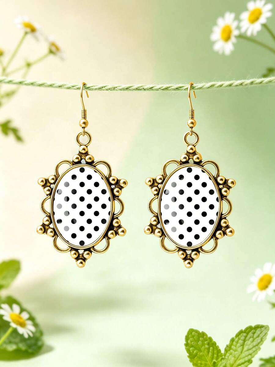 1 Pair Casual Minimalist Black & White Polka Dot Pattern With Oval Hollow Dot Lace Earrings, Suitable For Women's Daily Wear - White - View 1