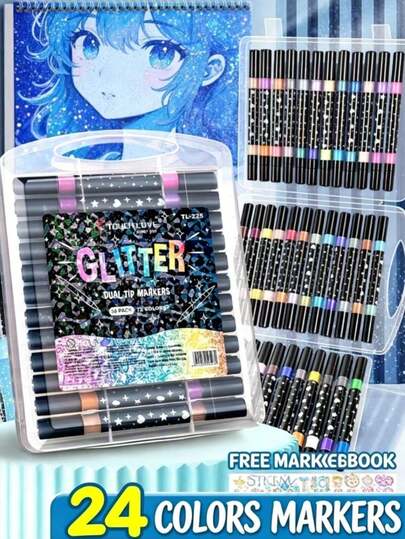 24 Colors Dual-Tip Glitter Pens, Quick-Drying Glue-Like Ink, Fine Tip, Suitable For Bullet Journal, Card Making, Diary, Etc., 24 Colors Dual-Tip Drawing Pens, Suitable For Artists And Coloring, Suitable For Watercolor Painting, Doodling, Fine Tip Suitable For DIY Photo Album, Black Card, Collage, Handicrafts, Ceramics, Stone, Glass, Etc., Suitable For Birthday, Christmas, Halloween, New Year, Easter, Etc. Gifts