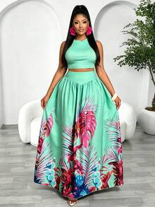 Women's Plus Size Elegant Holiday Casual Solid Color Sleeveless Tank Top And Tropical Coconut Tree Print Long Skirt 2-Piece Set, Vacation, Summer, Tropical Style (Positioned Print) - Green - View 5
