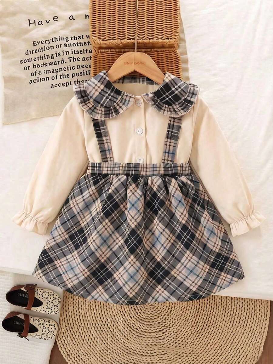 Baby Girl Long Sleeve Turn Collar Cuffed Fashion Shirt And Fashion Striped Overall Skirt - Apricot - View 1