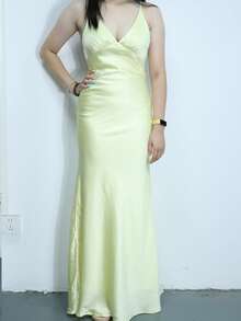 2026 New Luxury Silk Satin Long Dress, Spaghetti Strap Deep V Backless Mermaid Hem Fitted Formal Gown, Suitable For Dates Wedding - Creamy Yellow - View 10