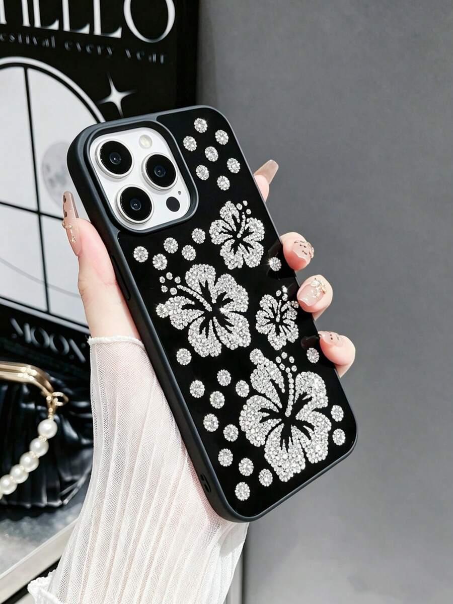 1 buah Casing Pelindung Ponsel 2-in-1 Gaya Bunga Minimalis Warna Solid dengan Hiasan Berlian Imitasi dan Cermin, Lensa Pelindung Penuh, Lubang Besar, Kompatibel dengan Apple 17 Pro Max, 16 Pro Max, 15, 14 Pro, 13, 12, 11 Series, Desain Tepi Lembut, Pemasangan Mudah, Casing Ponsel Modis Gaya Minimalis - Perak - View 1