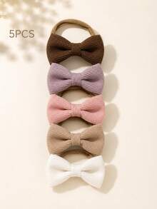 5 Pcs Baby Girls' Cute Colorful Bow Elastic Headbands, Sweet Soft Knit Solid Color Bow Headbands, Gift For Daughter, Cute Kids' Hair Accessories. - Multicolor - View 4