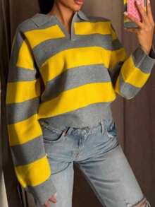 CAREE Women's Spring & Autumn Grey Yellow Wide Stripe Polo Notch Collar Loose Drop Shoulder Long Sleeve Knit Pullover Sweater - Multicolor - View 4