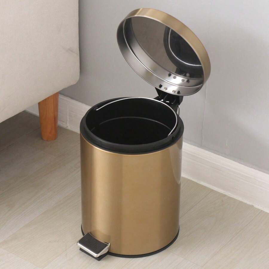 5-Liter Champagne Black Round Metal Foot-Operated Trash Can Waste Paper Basket Garbage Container With Detachable Inner Liner Bucket Suitable For Kitchen, Bathroom, Household, New Year Use - Multicolor - View 1