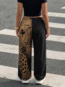 1pc Women's Black Leopard Face Print Wide Leg Sweatpants, Elastic Drawstring Waist Loose Street Casual Long Pants With Pockets - Black - View 2