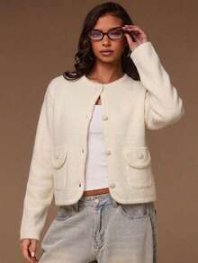 Soft Knit Round Neck Button Front Cardigan With Patch Pockets, Long Sleeves, Medium Stretch, White Elegant Fall Winter Layering Sweater - White - View 2