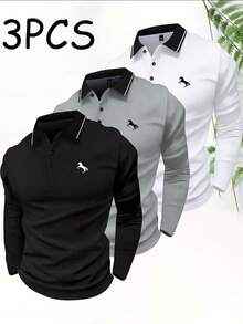 3PCS Men's Autumn Fashion Minimalist Casual Sports Polo Long Sleeve Top, Daily Outdoor Commute Collared Shirt - Multicolor - View 1