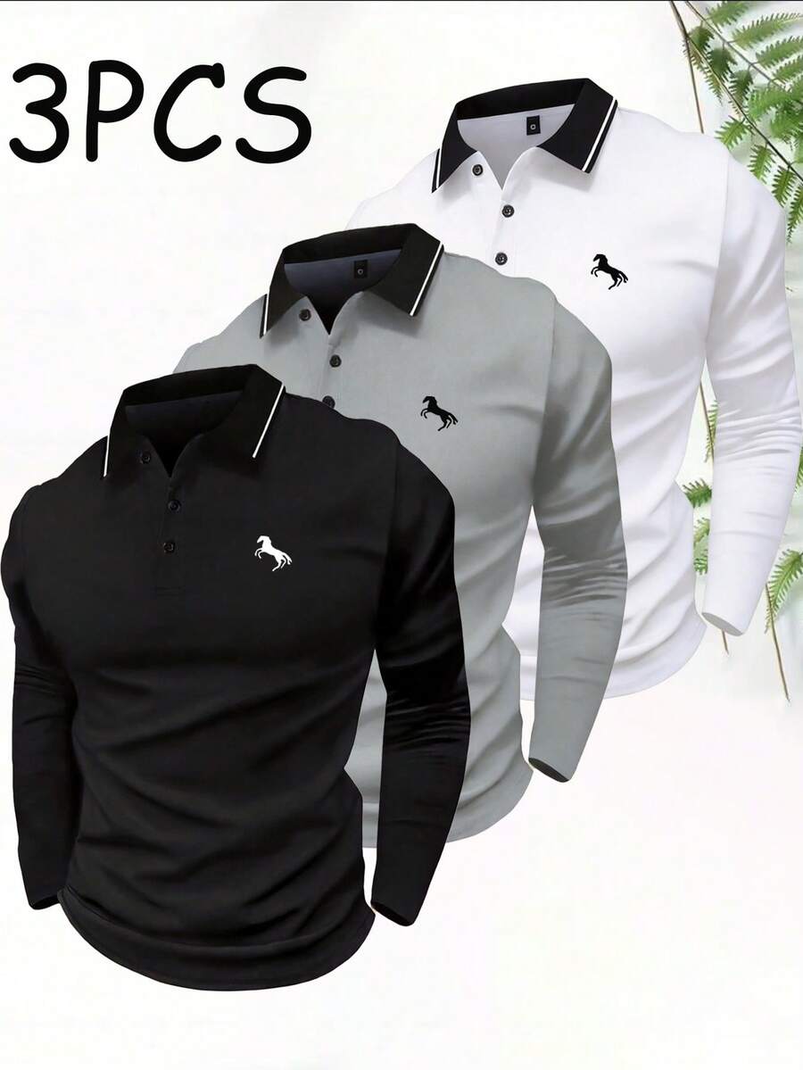 3PCS Men's Autumn Fashion Minimalist Casual Sports Polo Long Sleeve Top, Daily Outdoor Commute Collared Shirt - Multicolor - View 1