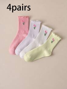 4/8 Pairs Sweet Style Tulip Floral Frill Trim Women's Mid-Calf Socks - Multicolor - View 17
