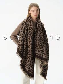 1pc Women's Leopard Print Fashion Elegant Polyester Faux Mink Fur Scarf, Warm For Autumn/Winter, Daily Wear, Halloween - Coffee - View 3