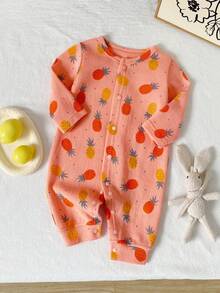 Orange Pink All-Over Pineapple Print Baby Long Sleeve Romper, Round Neck Full Snap Front Elastic Knit Newborn Outing Crawler - Orange - View 1