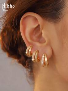 Hihho 3 Pairs European And American Copper Zirconia Double Hoop Earrings Set, Small, Medium And Large Sizes, Delicate And Versatile, Lightweight Luxury Style, Unisex Stackable Earring Set Suitable For Daily, Holiday, Travel, Work And Commute Wear - Earrings Set - View 8