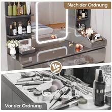 Devoko Modern Dressing Table With LED Mirror, 3 Light Colors And Dimmable Brightness, Vanity Table With 7 Drawers, Open Shelves And Optional Stool, Dressing Cabinet For Bedroom, White/Black/Pink/Vintage - Grey - View 9