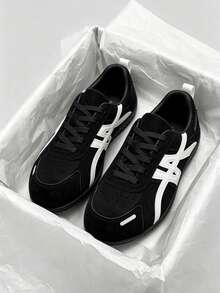 Patchwork Low-Top PU Suede German Trainer Shoes, Soft Sole, Durable, Commuting, Jogging, Versatile Casual Shoes For Men And Women - Black - View 1