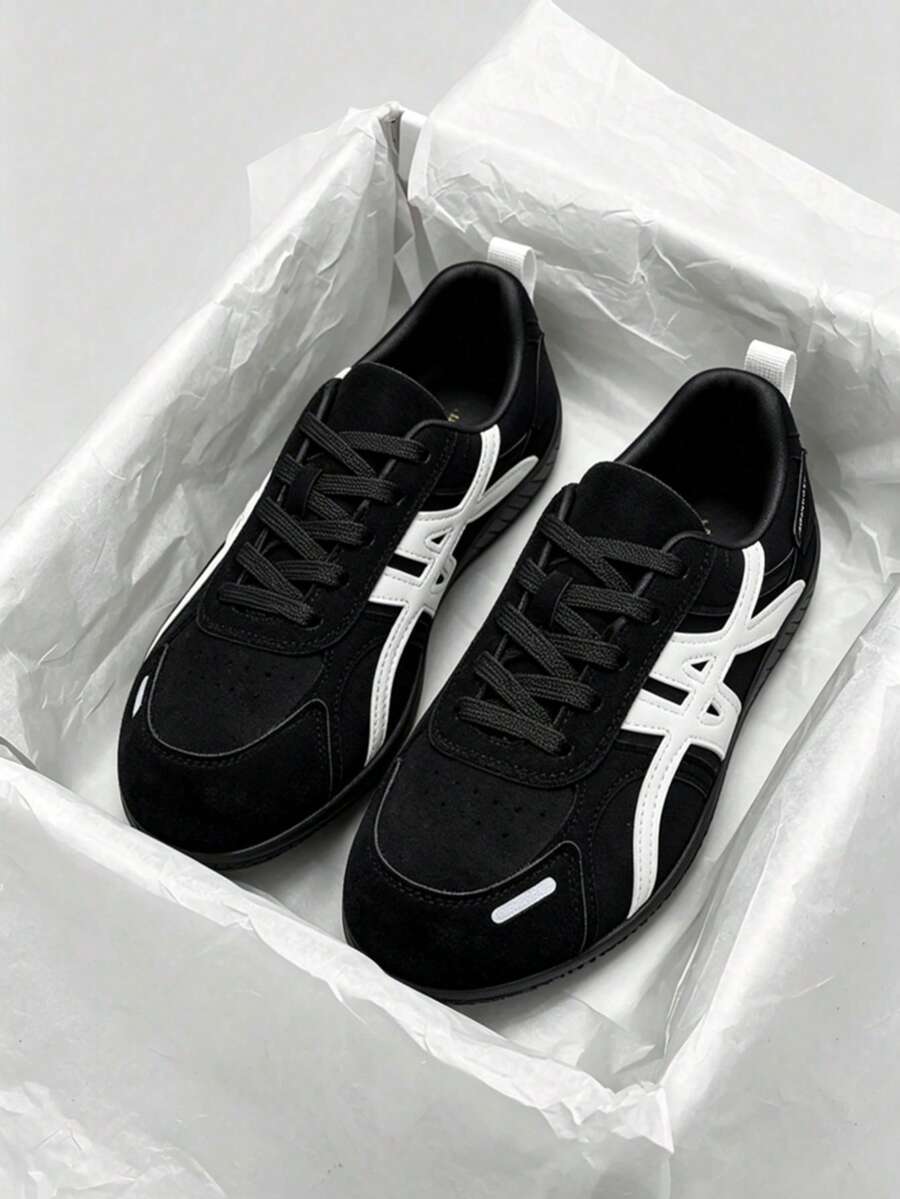 Patchwork Low-Top PU Suede German Trainer Shoes, Soft Sole, Durable, Commuting, Jogging, Versatile Casual Shoes For Men And Women - Black - View 1