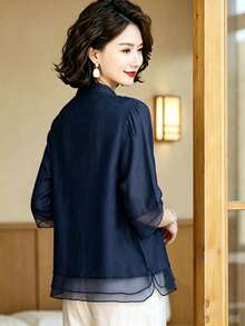 Mature Women New Chinese Style Stand Collar Shirt, Frog Button Tassel Decor Short Sleeve Sheer Mesh Hem Casual Blouse - Navy Blue - View 2