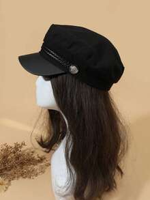 1pc Solid Color Minimalist Newsboy Cap With Leather Strap And Button, Japanese Style Sailor Beret Hat, Women's Outdoor - Black - View 3