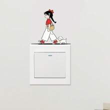 10/6/4/3/2/1pc Cute Cartoon Girl And Puppy Light Switch Stickers Minimalist Kawaii Walking Character Removable PVC Aesthetic Switch Panel Wall Decals For Bedroom Home Decor - Little Girl - View 4