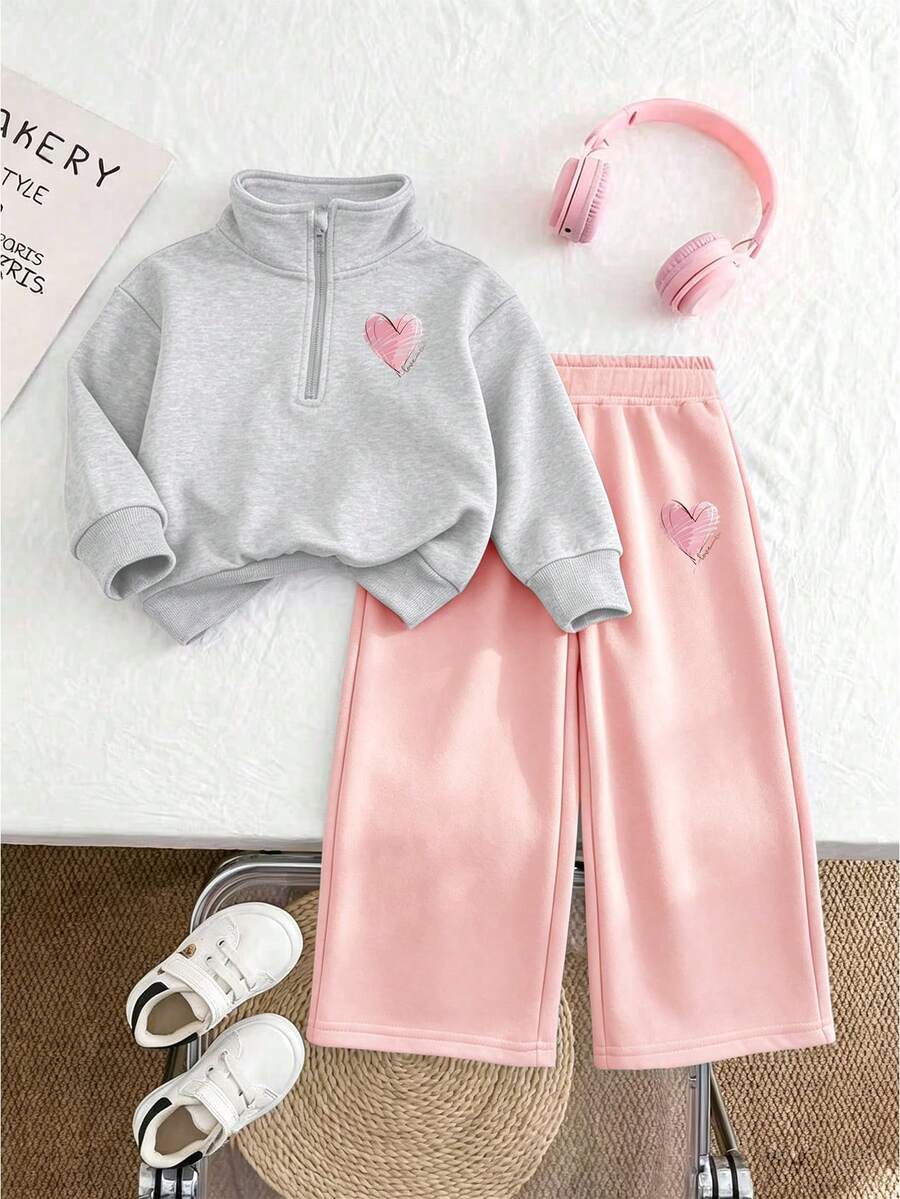 2pcs/Set Girls Pink Heart Print Half-Zip Hoodie & Pants Set, Autumn/Winter Fashion Comfortable Outfit - Multicolor - View 1