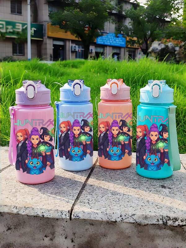KPop Demon Hunters Vaso de agua de plástico de 500ml con tema de Halloween de grupo de chicas KPOP - Diseño de patrón lindo, botella de agua reutilizable para deportes al aire libre con pajita y tapa, perfecta para deportes, viajes de vacaciones o temporada de regreso a la escuela. Equipo de camping ideal, regalo de Halloween