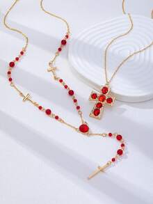Collar de Cruz Gótico en Capas, Cadena de Cuentas Rojas con Colgante de Cruz de Cristal Rojo, Collares de Estilo Rosario Largo Vintage Declaración para Mujeres - Collar con colgante de cruz - Ver 4