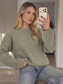 Women's Casual Ribbed Pullover Knit Sweater, Long Sleeve Basic Top For Fall Winter Daily Commute Outfits Basic Blouses Going Out Outfits - Olive Green - View 5