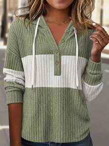 Women's Drawstring Contrast Color Button Design Hooded Knit Sweatshirt - Green - View 1