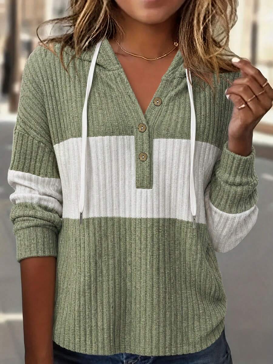 Women's Drawstring Contrast Color Button Design Hooded Knit Sweatshirt - Green - View 1