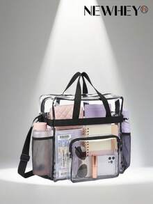 NEWHEY Large Capacity Transparent PVC Tote Bag, Waterproof Clear Handbag With Detachable Crossbody Strap And Side Mesh Pocket; Can Be Used As Travel Toiletry Bag, Suitable For Daily Outings - Black - View 9