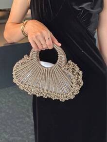 Luxury Rhinestone Fan Evening Clutch, Semi-Circular Hollow Handheld Bag, Rhinestone Wrapped Ring Handle, Women Stylish Bag For Wedding - Champagne - View 3