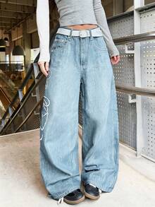 1pc American Street Style Women's Embroidered Loose Wide Leg Jeans Long Pants, All Season Fashion Casual - Light Wash - View 8