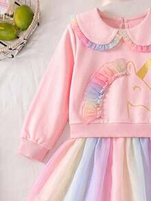 Girls' Fashionable Pony Print Turn-Down Collar Multicolor Mesh Dress - Pink - View 3