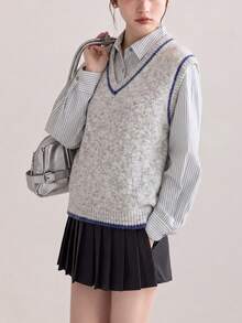 Women's Autumn Casual Minimalist Color Block Trim V-Neck Pullover Vest Fall - Light Grey - View 3