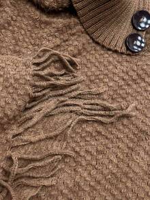 SEREN Vintage High Neck Button Tassel Knit Cape, Loose Asymmetrical Shawl Cover Up, Autumn/Winter Fashion - Khaki - View 7