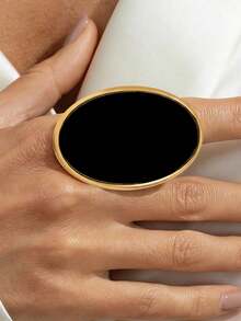 1pc Vintage Style Exaggerated Metal Inlaid Geometric Oval Ring, Suitable For Women's Daily Wear, Birthday Gift And Holiday Gift - Oval Ring - View 3