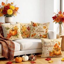 4 Stücke Vintage Herbst Ahornblatt & Kürbismuster einseitig bedruckte Kissenbezüge/Kissenbezüge, Multi-Szenen Atmosphäre Dekor Kissenbezüge geeignet für Wohnzimmer, Sofa, Schlafzimmer, Kissenfüllungen nicht enthalten - Verschiedenfarbig - Übersicht 6