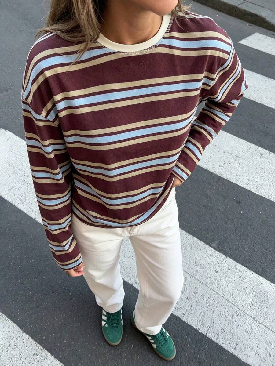 SDNGED Women's Casual Top, Striped Color Block Ribbed Fabric, Everyday Wear, Spring/Autumn