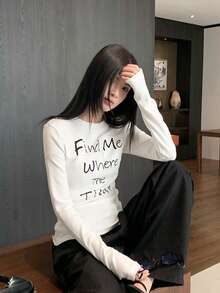 Women's Spring/Autumn Inner Layer Round Neck Regular Shoulder Slim Fit Base Layer Top With Letter Print Long Sleeve White T-Shirt - White - View 3